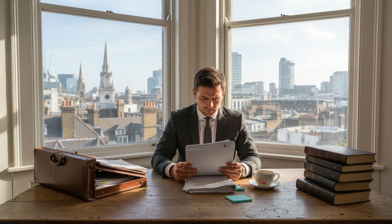Solicitor reviewing contract documents in office