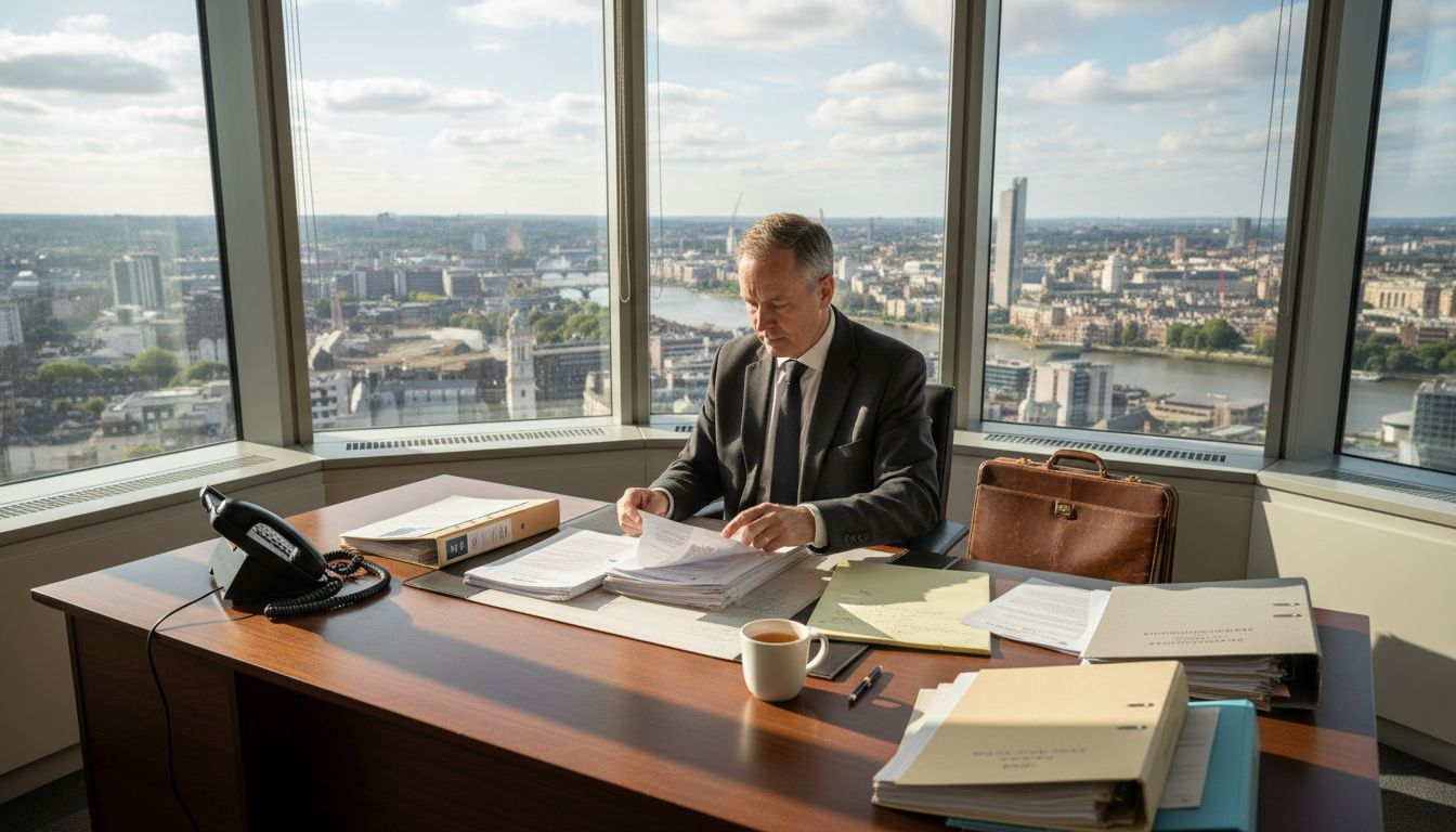 Solicitor reviewing contracts in office setting