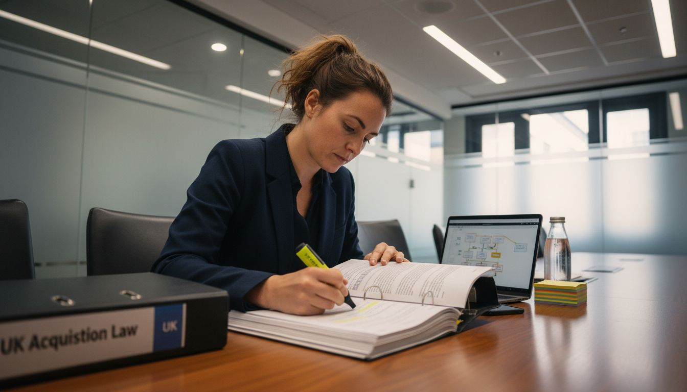Solicitor analyzing UK acquisition legal documents
