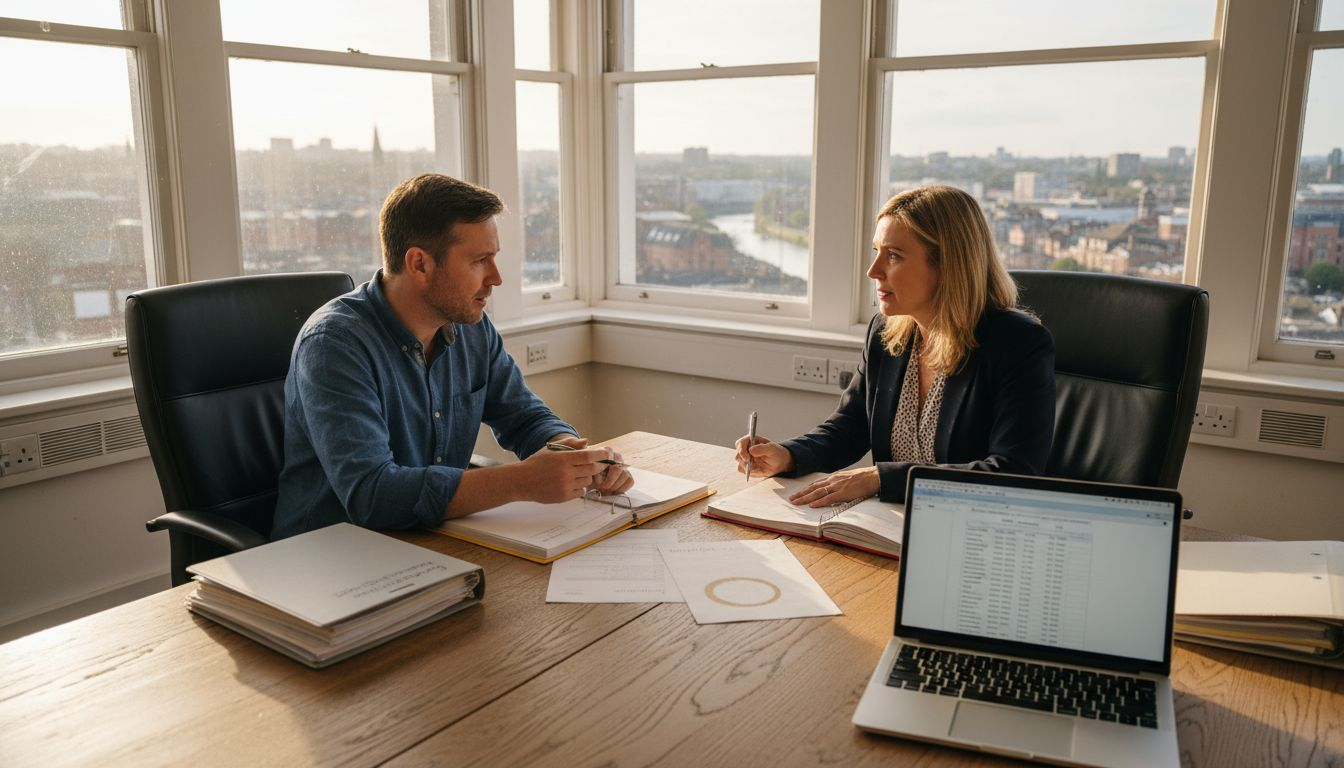 Business owners reviewing contract documents UK