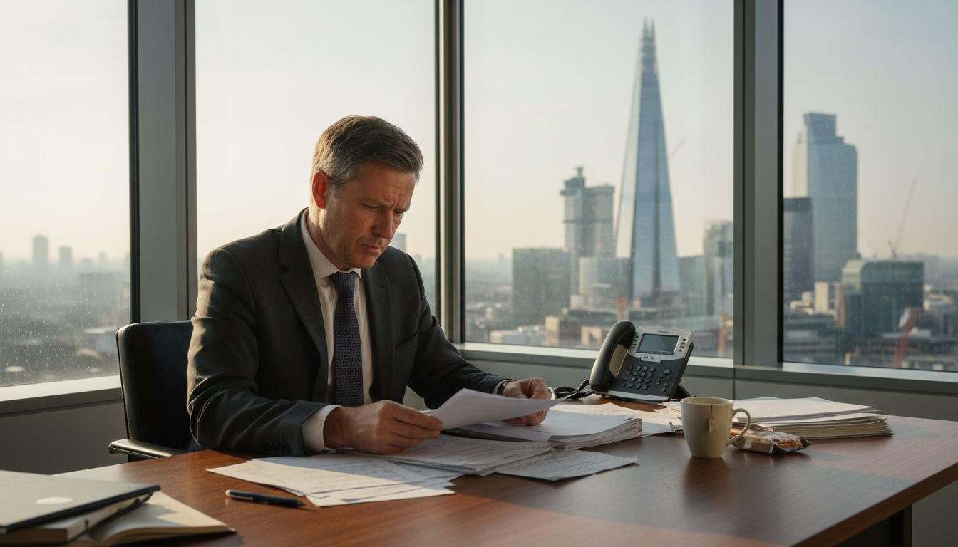 UK SME owner reviewing legal papers at desk