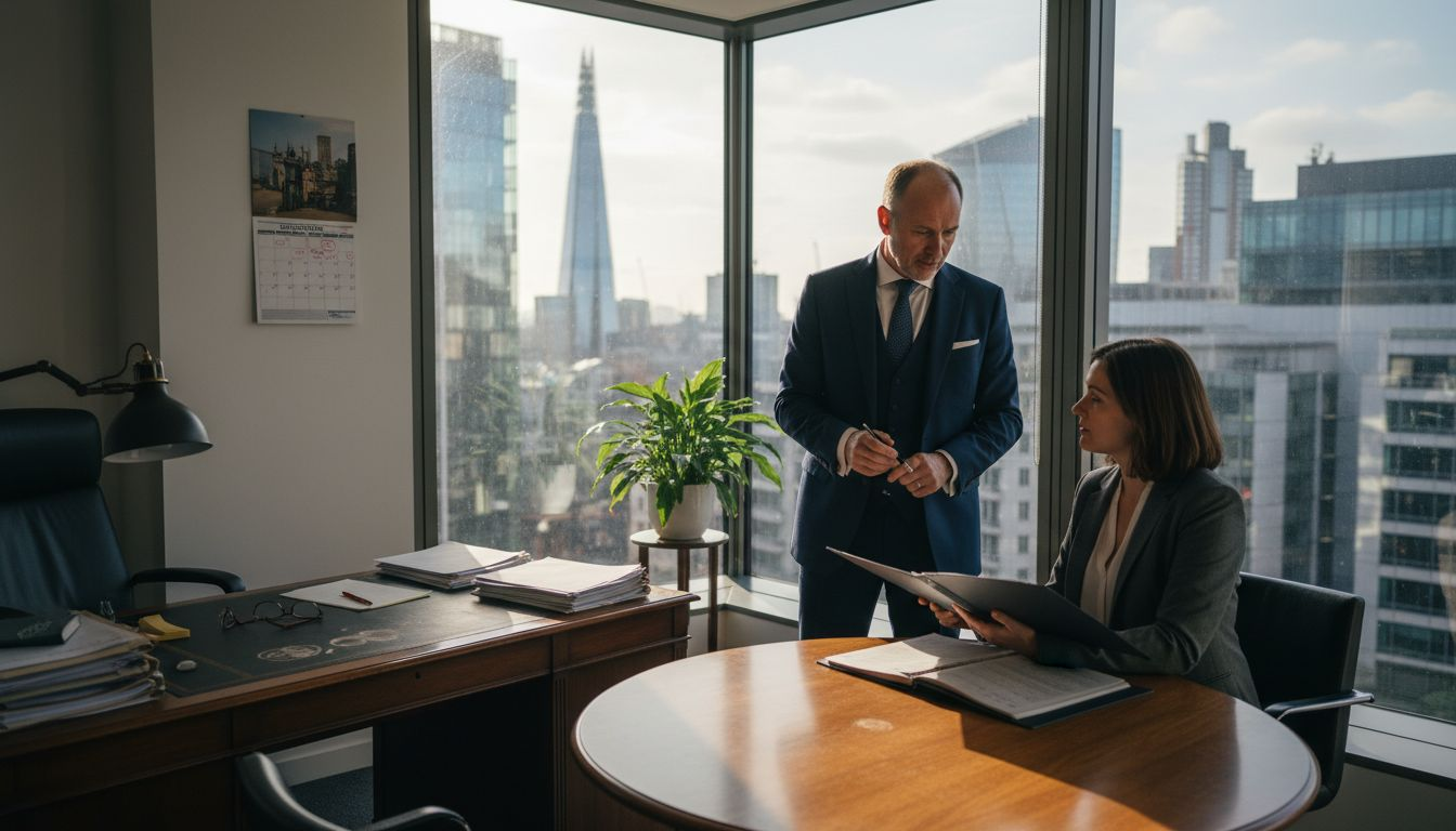 Solicitor and client in office with London view