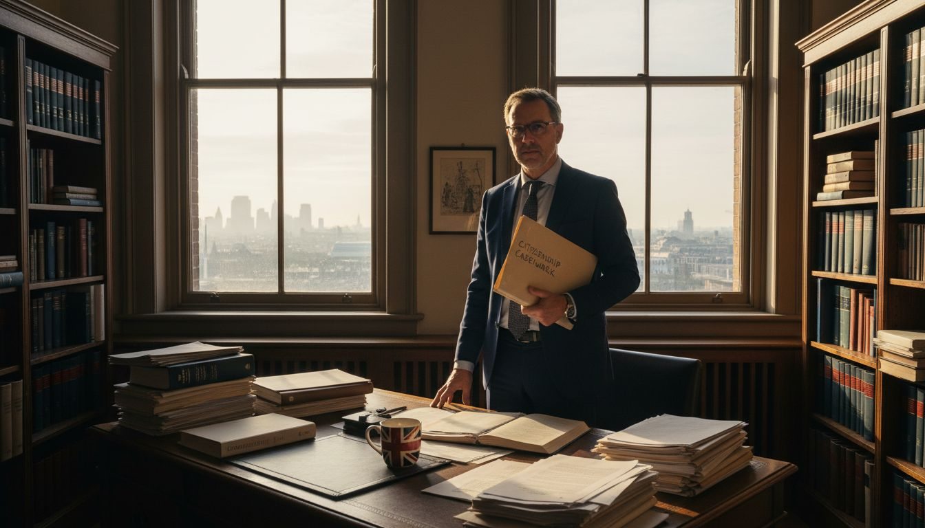 Solicitor reviewing citizenship paperwork in UK office