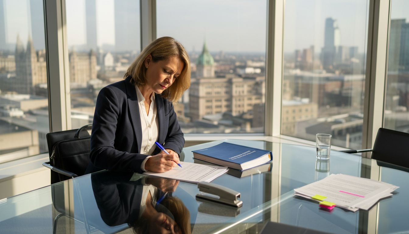 Lawyer at desk filling company registration forms
