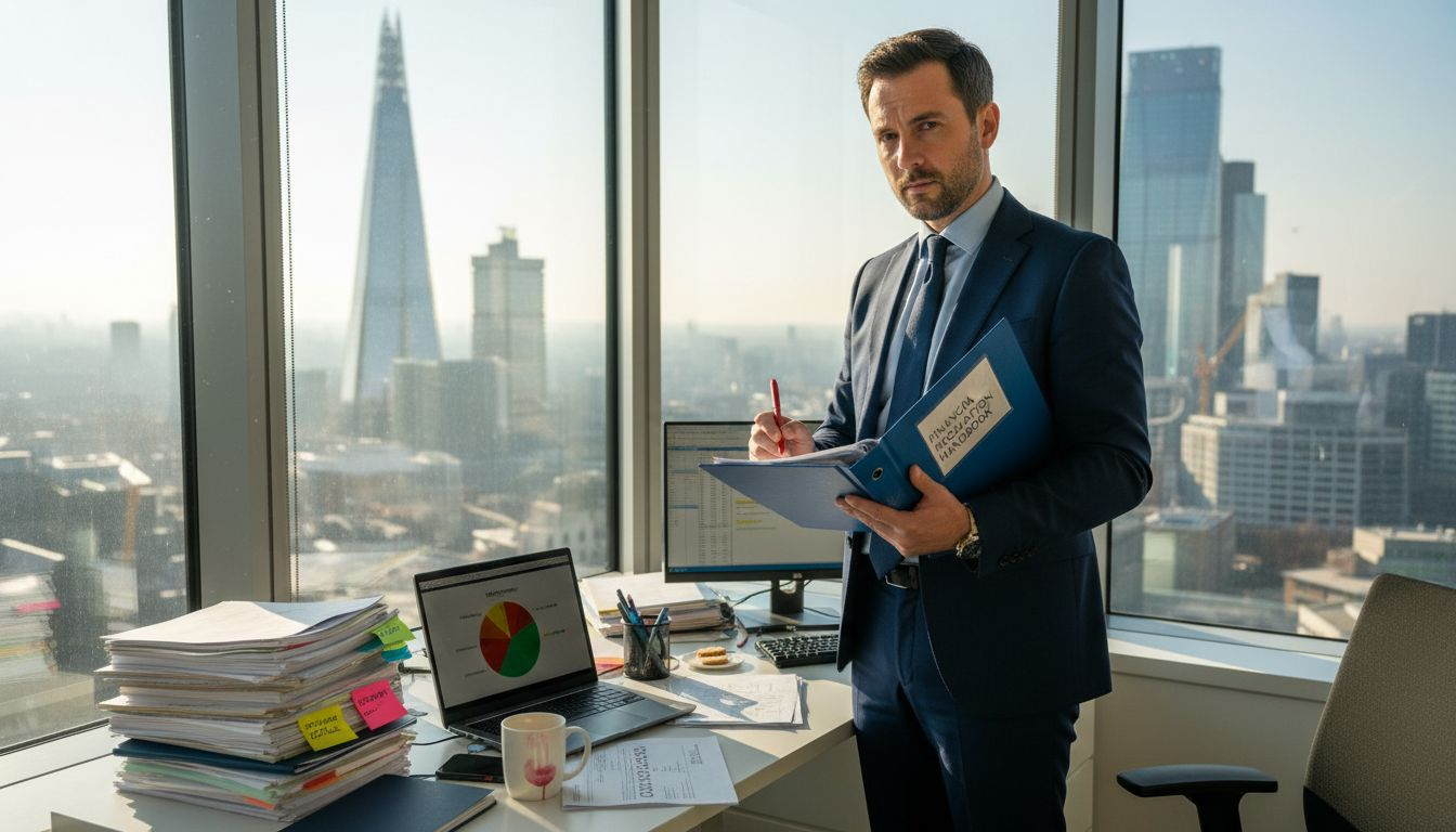 Compliance officer working at London office desk