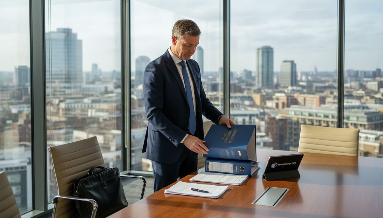 Solicitor with franchise contract in corner office