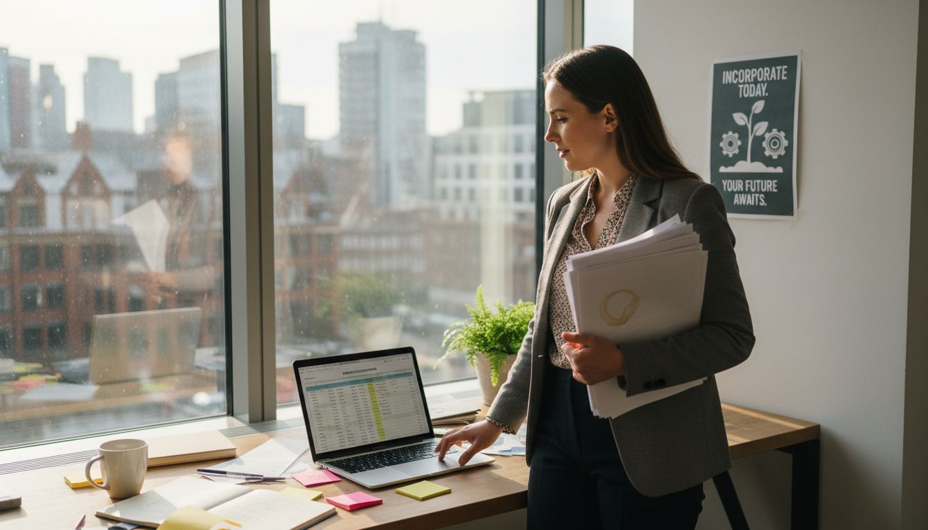 Entrepreneur in UK office with incorporation forms