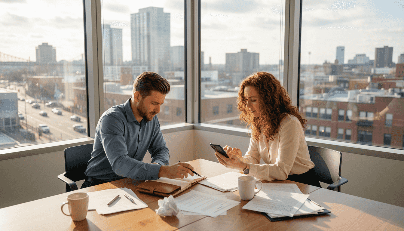 Small business owners reviewing legal documents