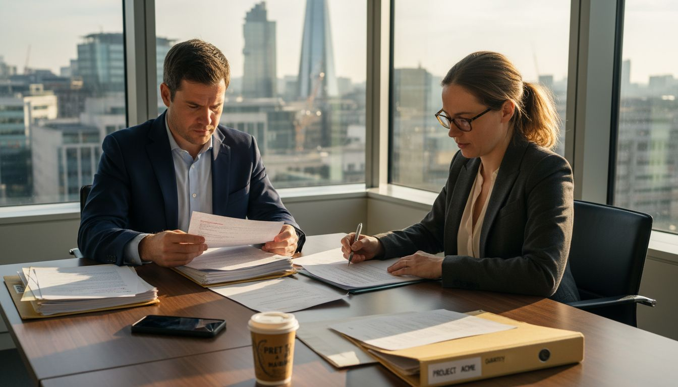 Business professionals reviewing contract dispute paperwork