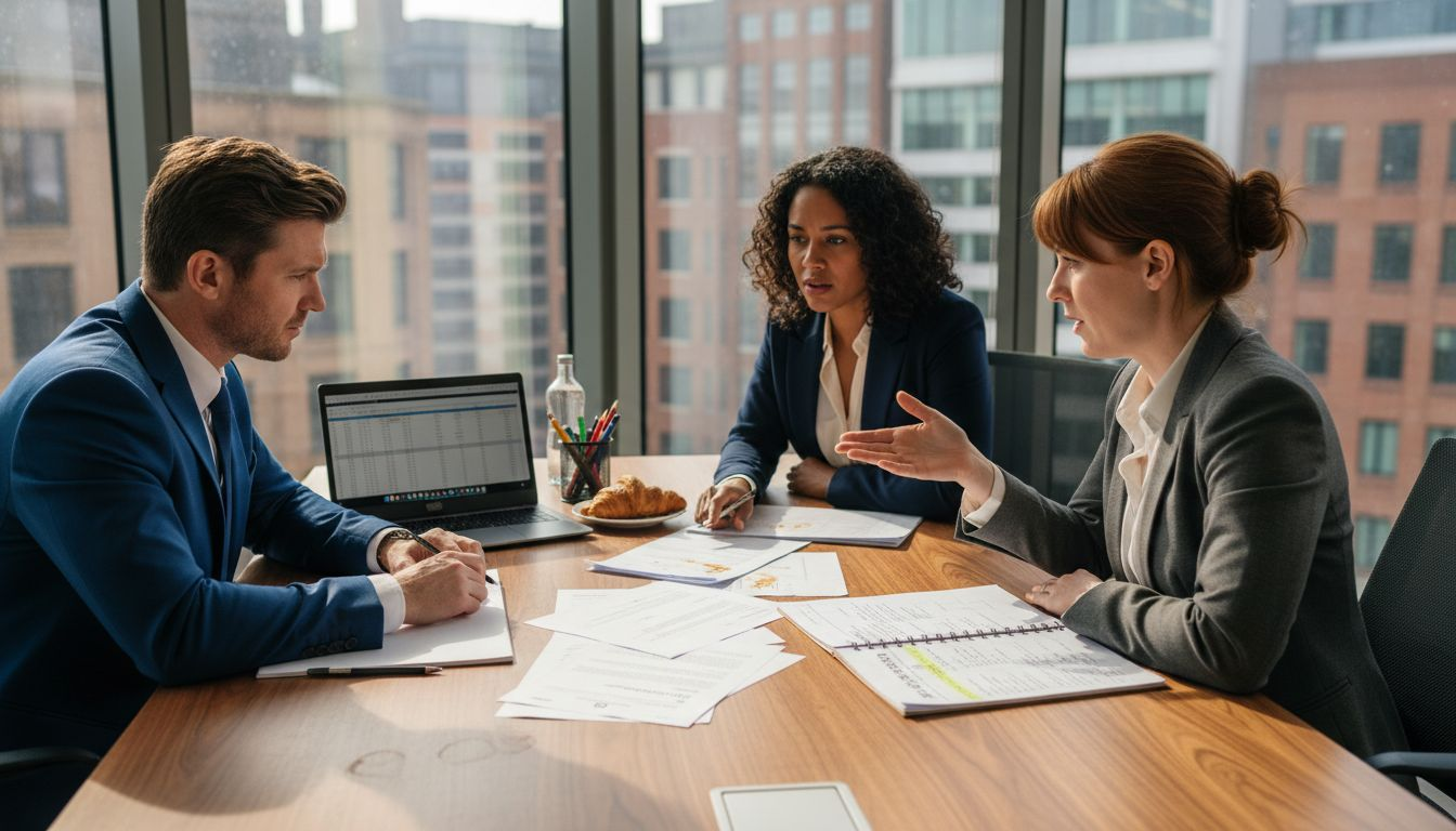 Lawyers discussing arbitration in sunlit boardroom