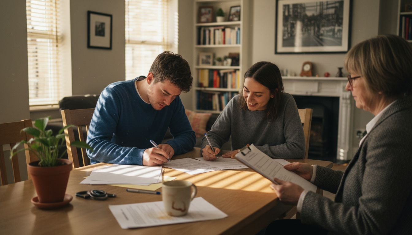 Tenants signing UK lease at dining table