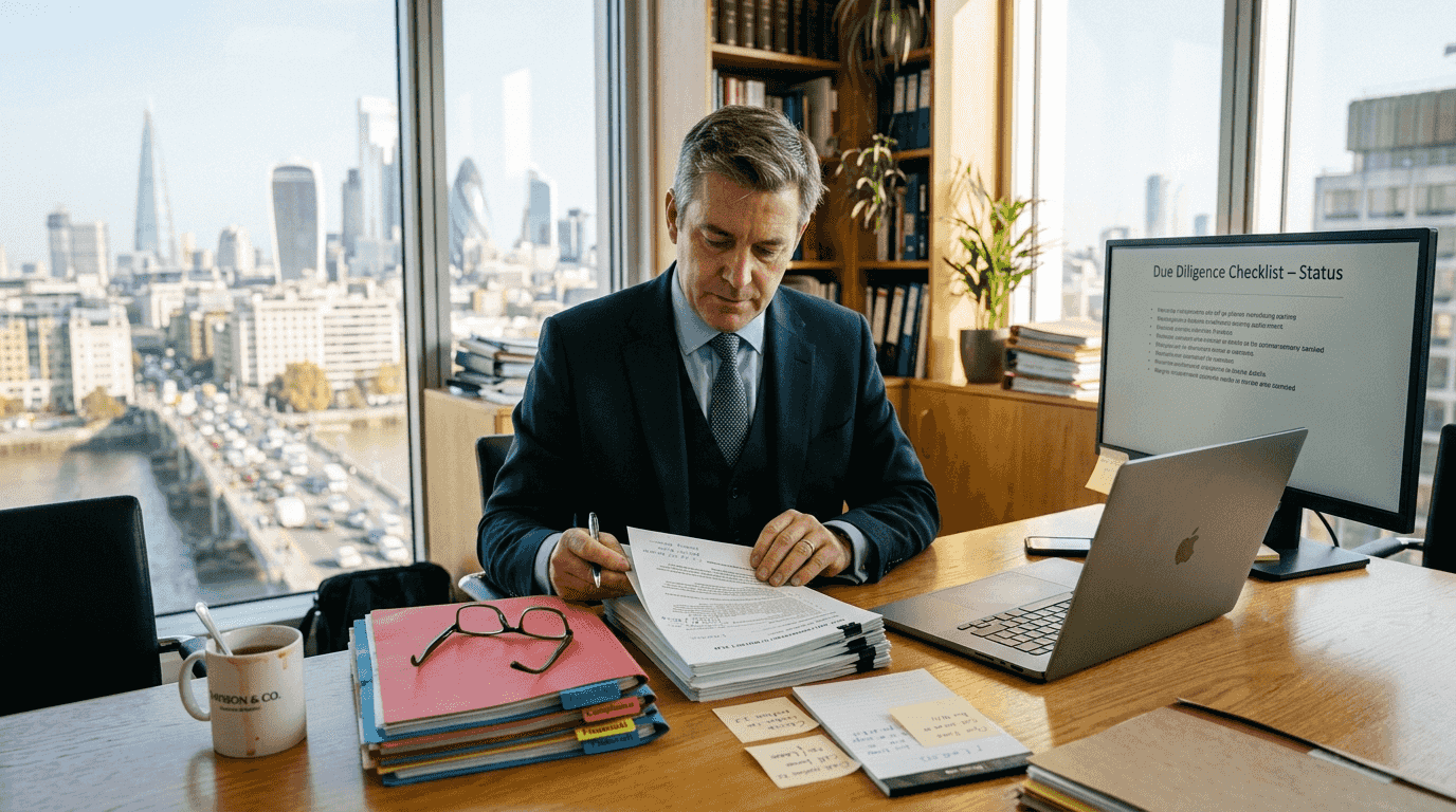 Solicitor reviews due diligence documents London office