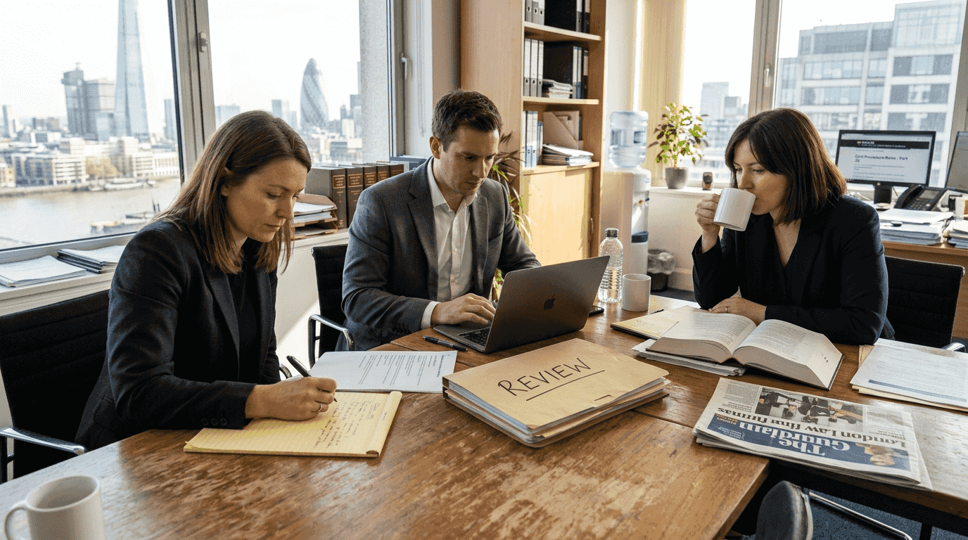 Legal team reviewing documents in city office