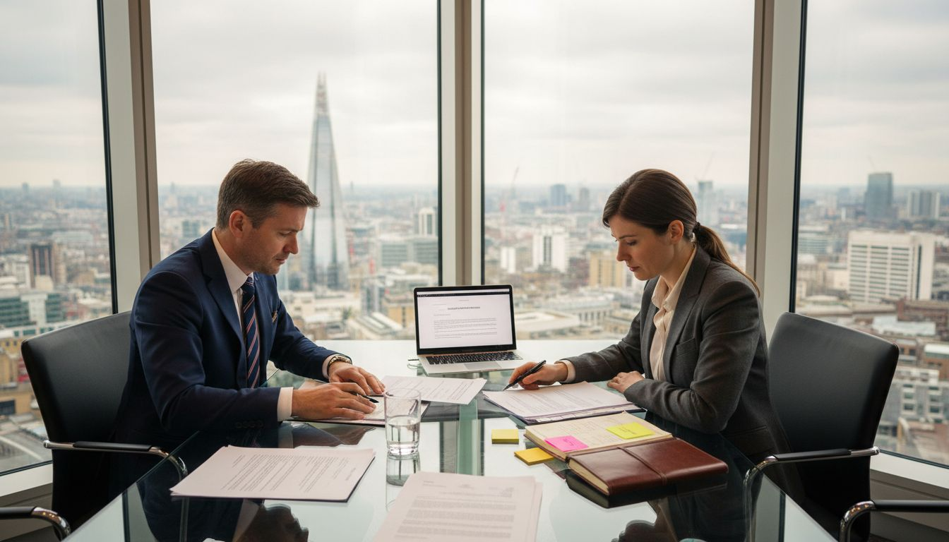 Two lawyers reviewing settlement paperwork