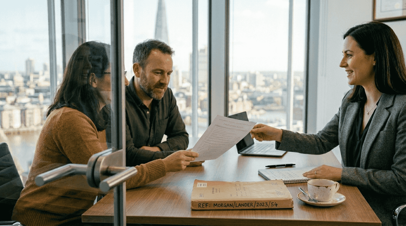 Solicitor reviews property law checklist with clients