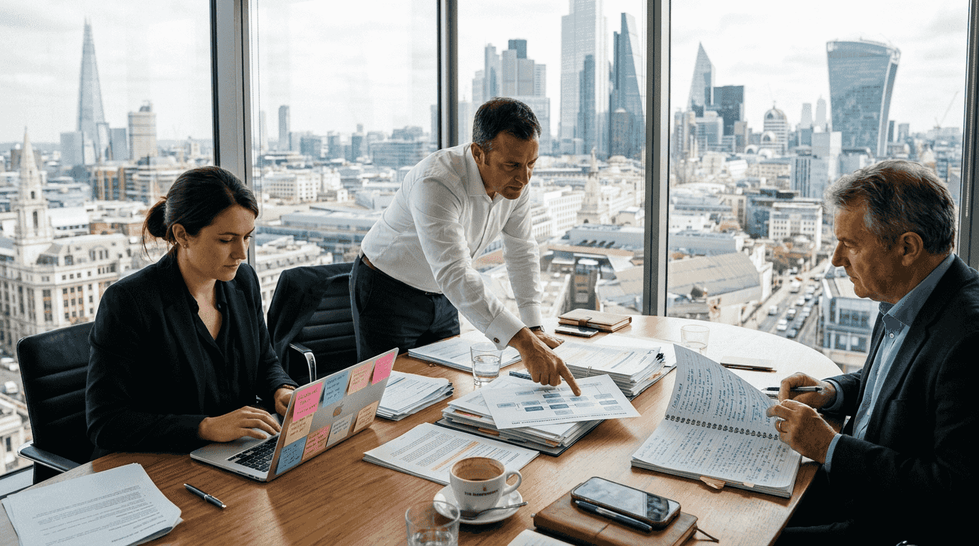 Business team reviews joint venture documents