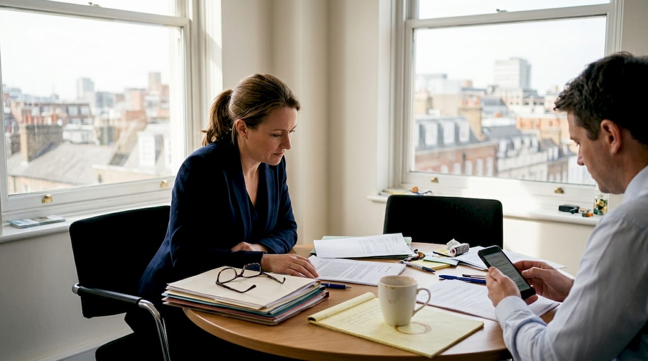 Solicitor discussing legal papers with client