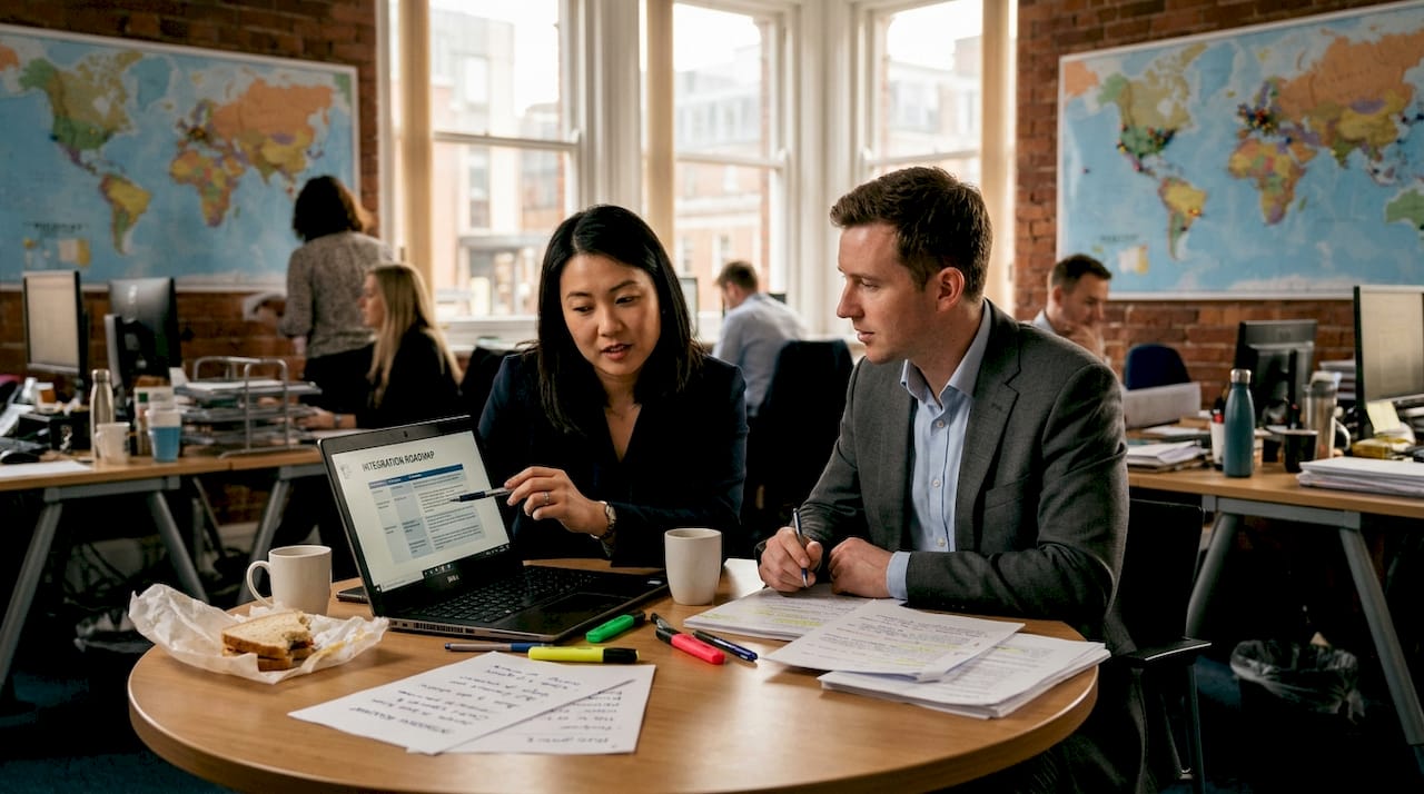 Lawyers collaborating on cross-border merger paperwork