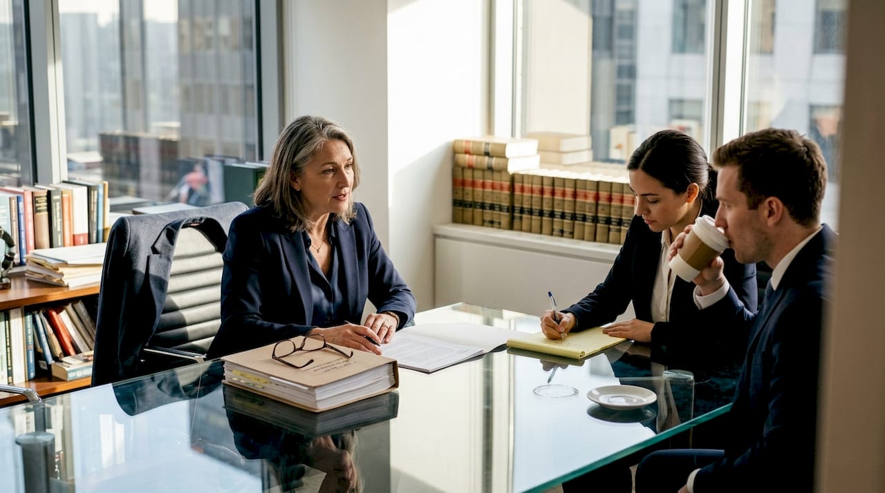 Law firm partners in conference discussing paperwork
