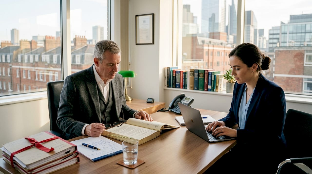 Solicitor discussing legal advice in office