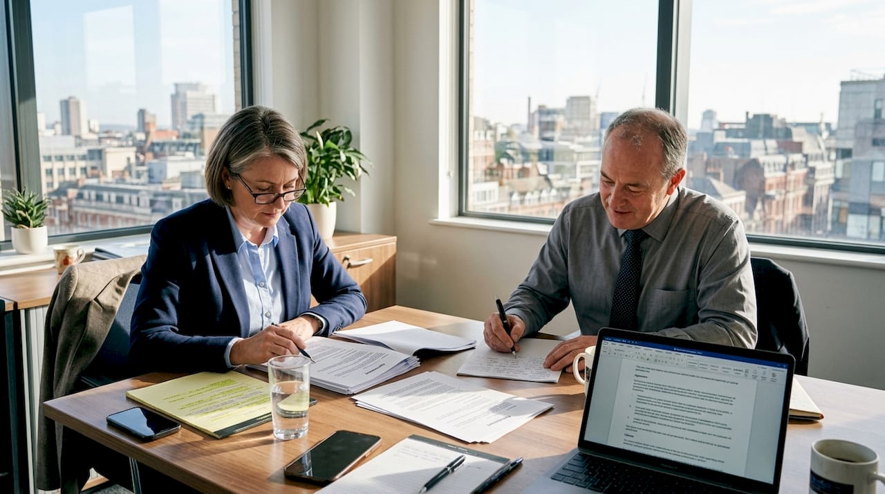 Professionals reviewing contract in corner office