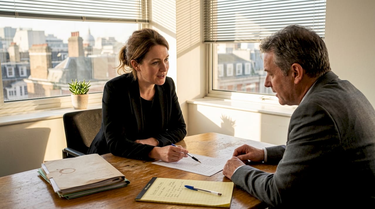 Solicitor discussing checklist in office