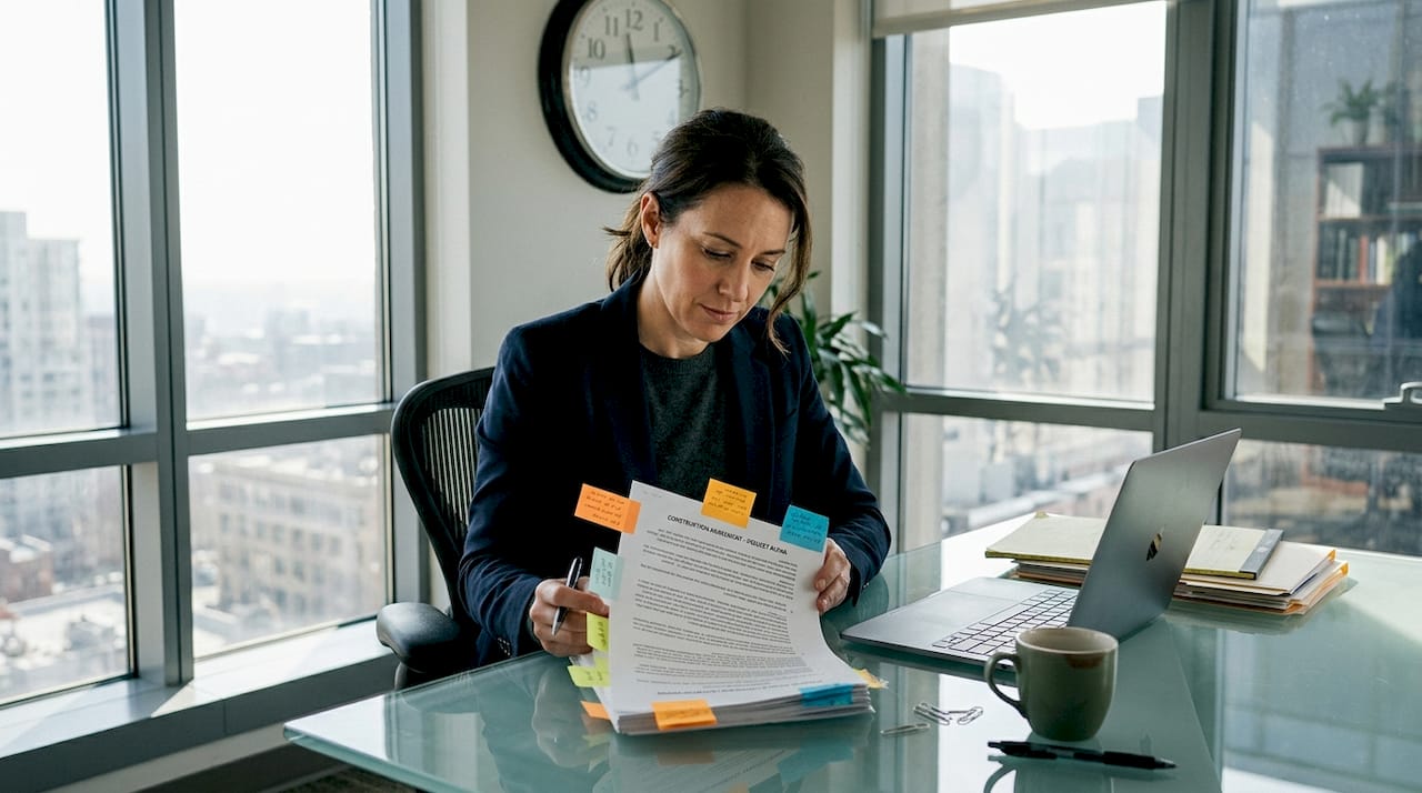 Woman reading contract in bright corner office