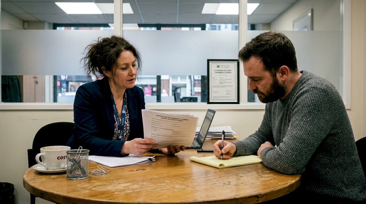 Solicitor reviews licensing forms with client