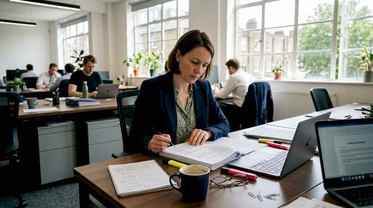 Business owner reviewing legal documents at desk