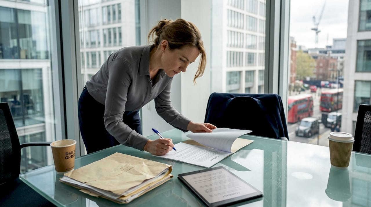 Businesswoman reviews multi-page contract in office