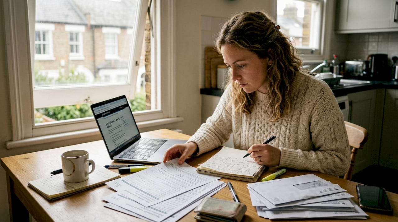 Woman reviewing immigration paperwork at kitchen table