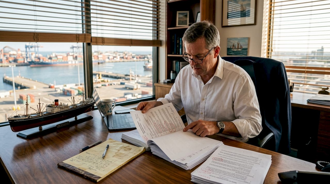 Lawyer reviewing marine insurance documents