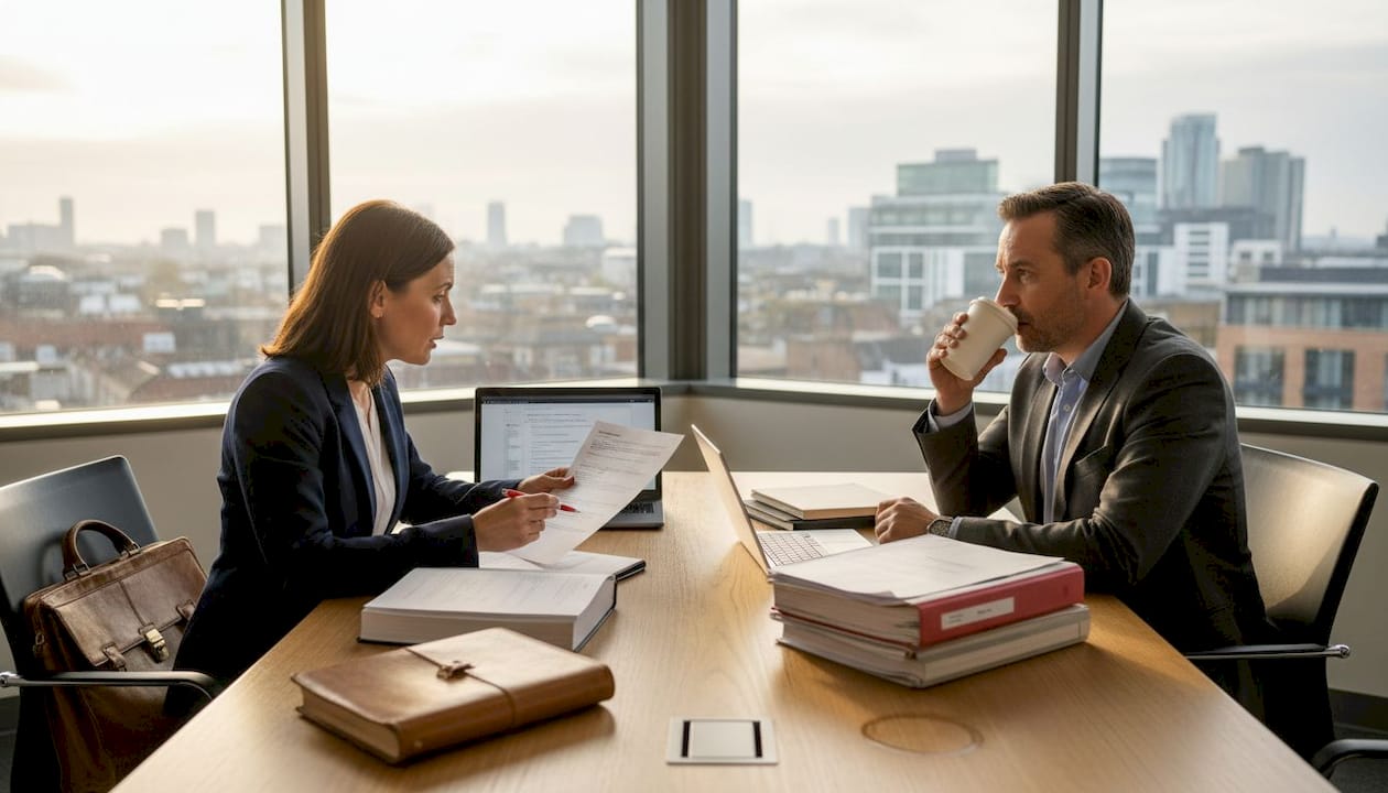 Lawyer consulting with business client in office