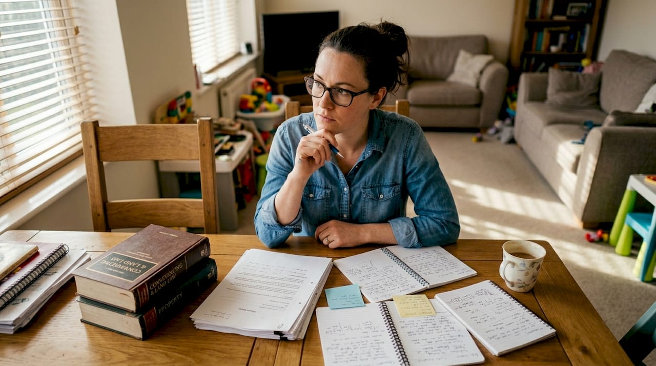 Woman reviewing property law documents at home