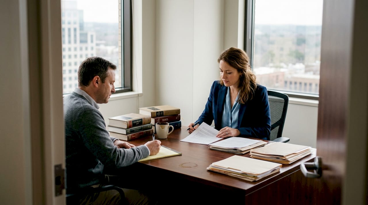Lawyer consulting client in bright corner office