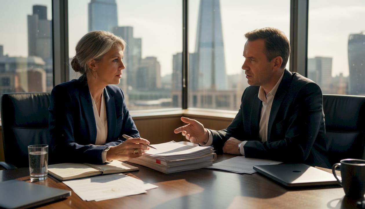 Solicitor and client reviewing joint venture documents