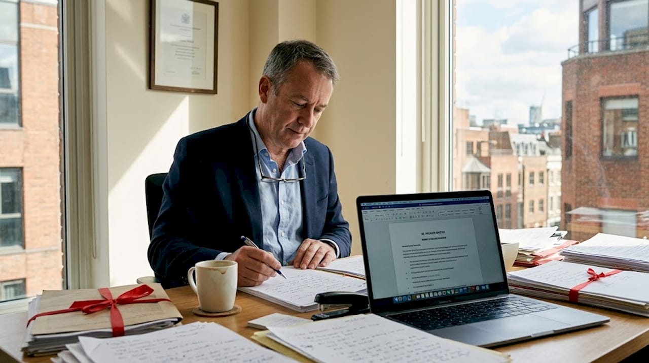 Solicitor reviewing client files in office