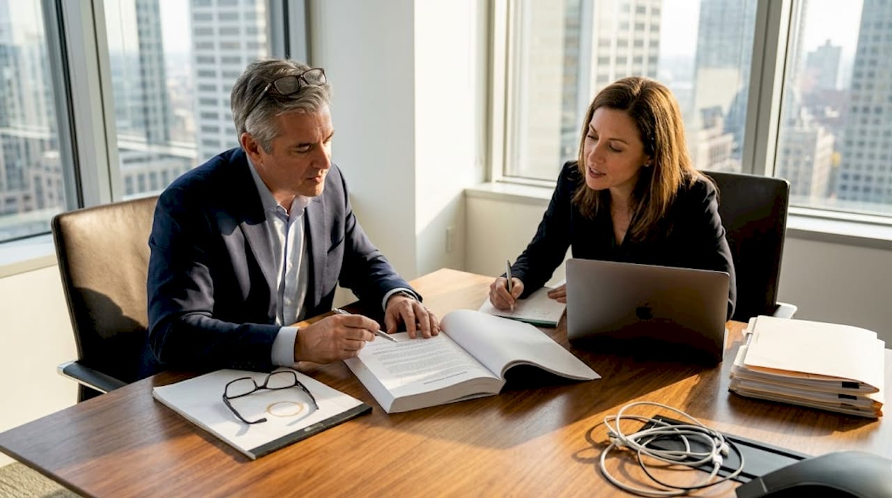 Lawyers reviewing arbitration agreement in office