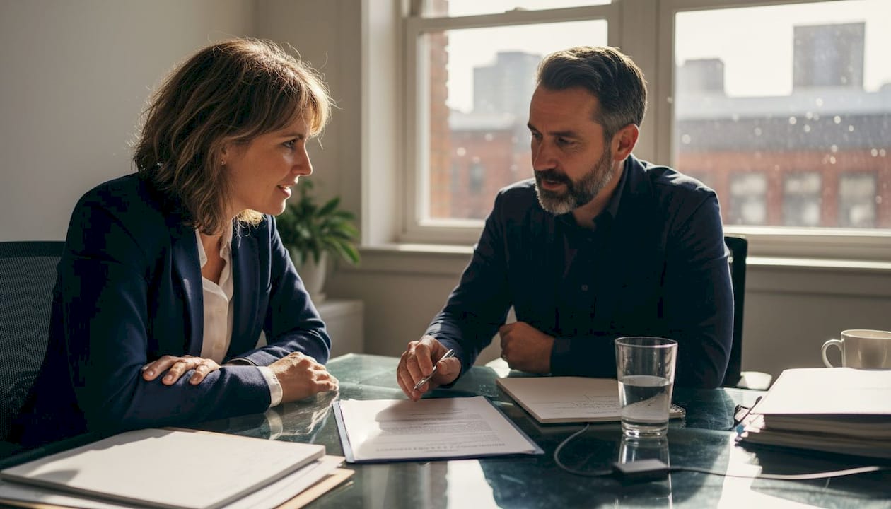 Business owner consulting solicitor in office