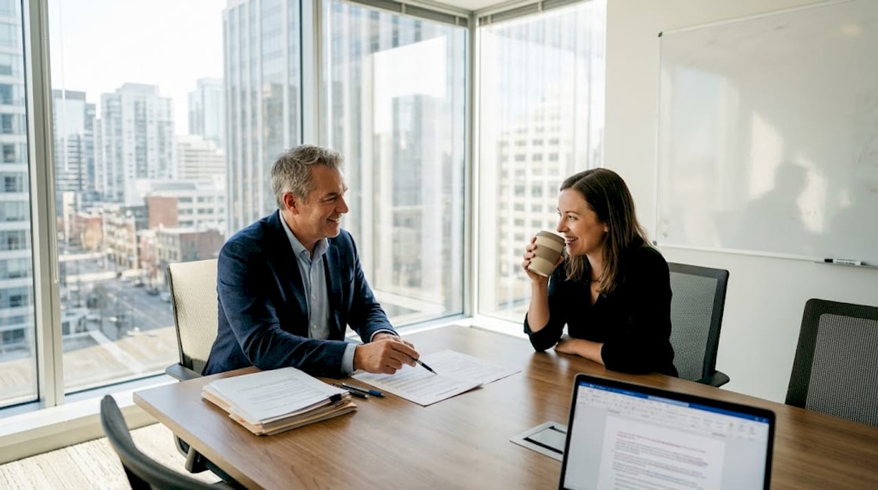 Business owner reviewing contract with colleague