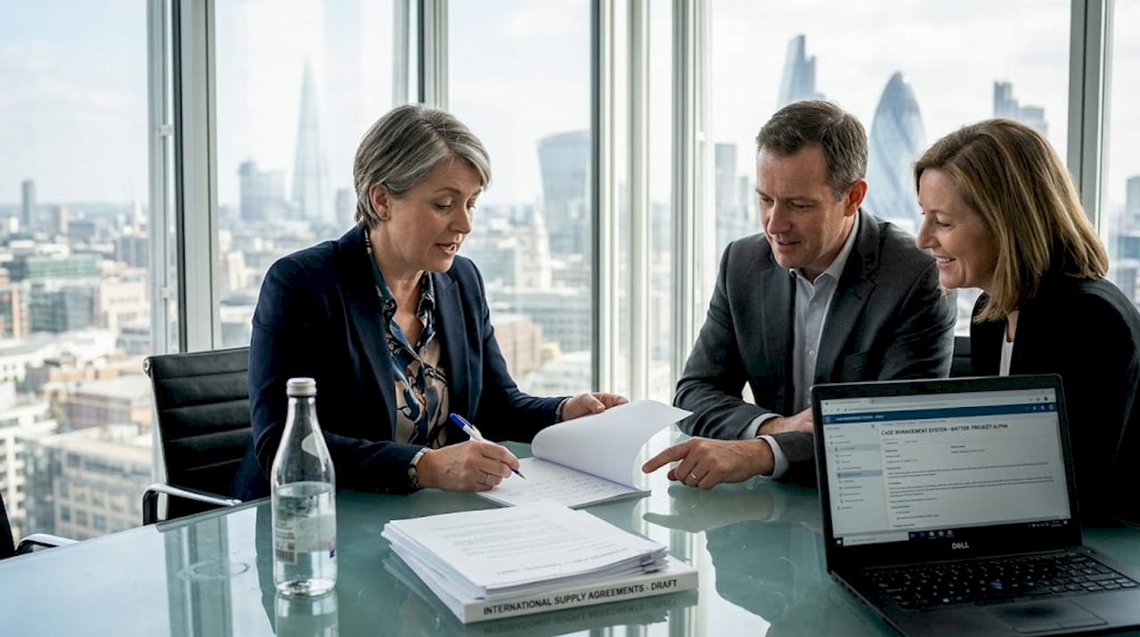 Corporate legal team reviewing compliance documents