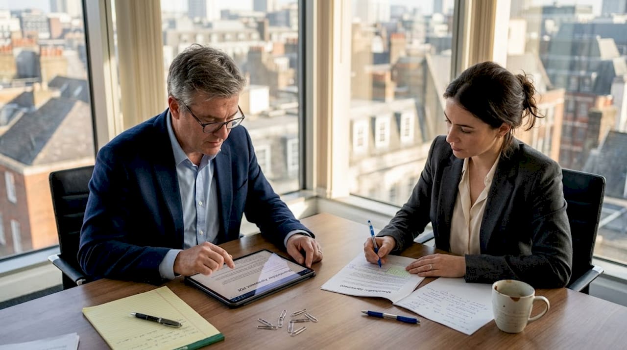 Business owner and solicitor review shareholder agreement