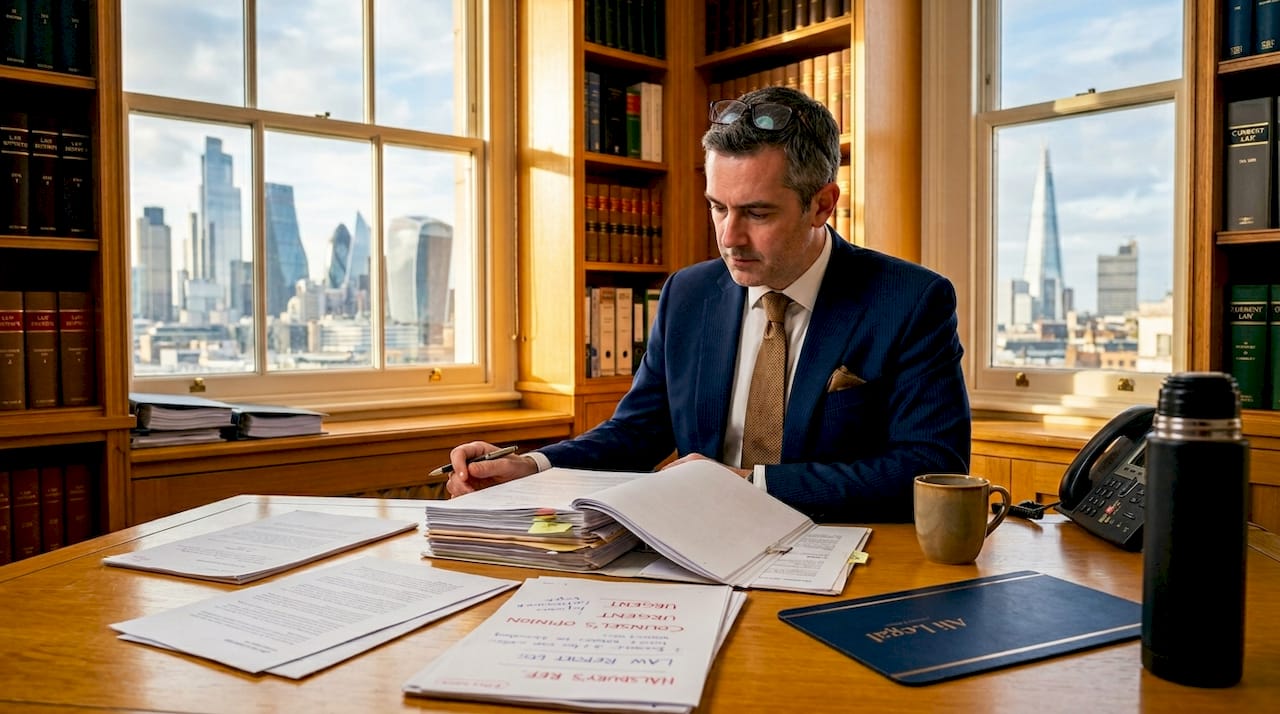 Solicitor reviewing documents in London office