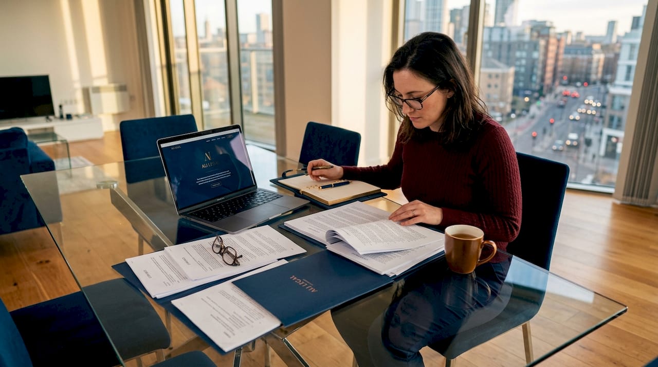 Business owner reviewing legal paperwork at table
