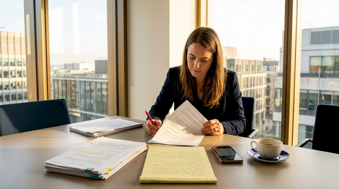 Solicitor reviewing contract at cluttered office table