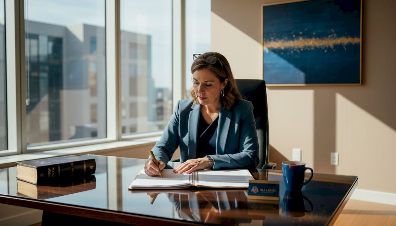 Business owner reviews legal documents at desk