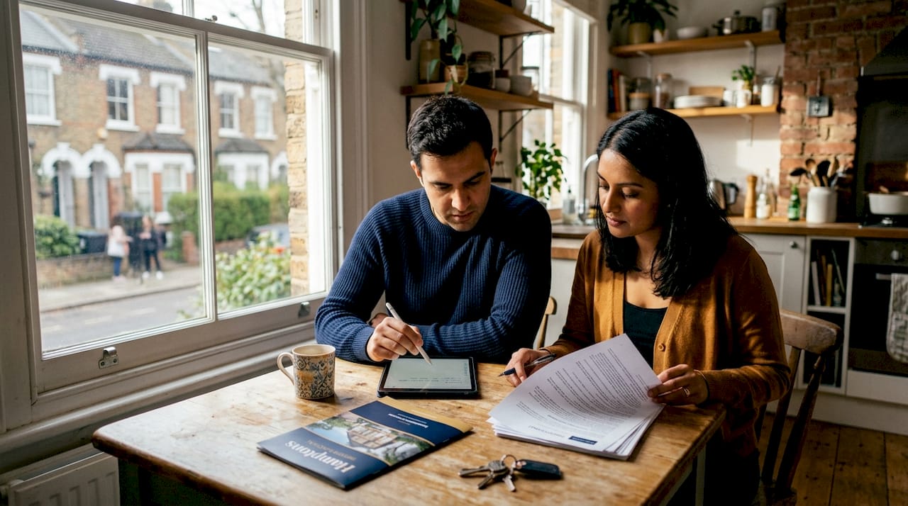 First-time buyers reviewing contract paperwork at kitchen table