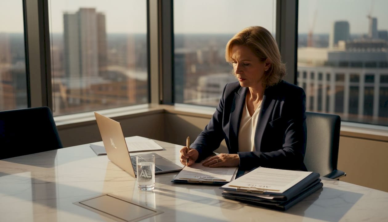 Businesswoman reviewing fiduciary contract papers