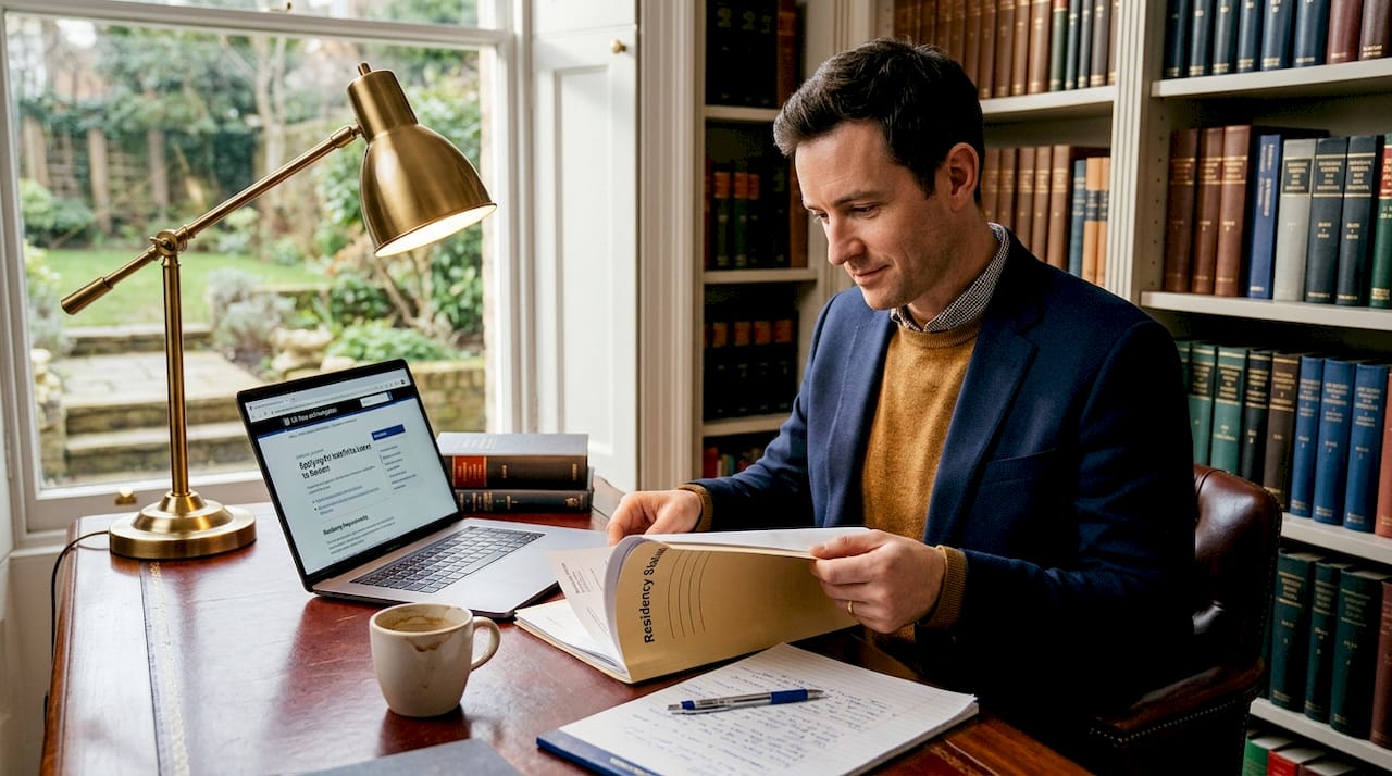 Man reviews residency status documents at home office
