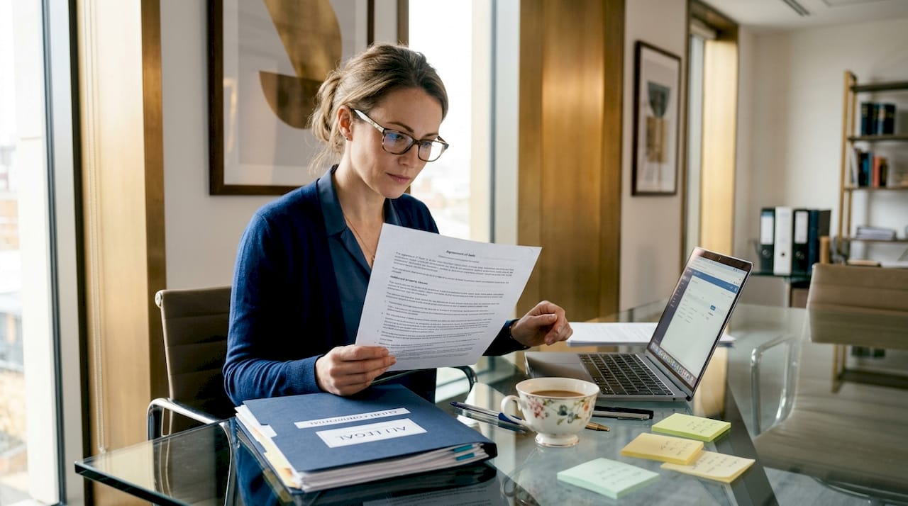 Woman reviewing contract at cluttered home office table
